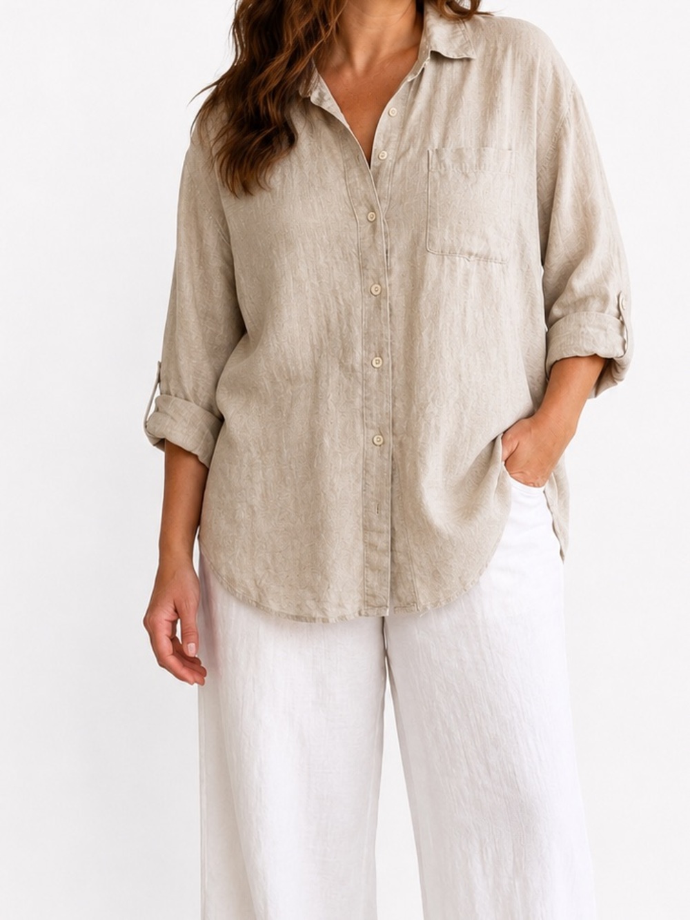 Lands’ End Beige 100% Linen Oversized Button Down Tunic Shirt Size 2X